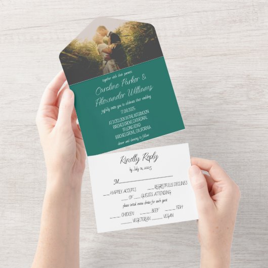Emerald Green Simple Modern Photo Wedding All In One Uitnodiging (Afscheurbaar)