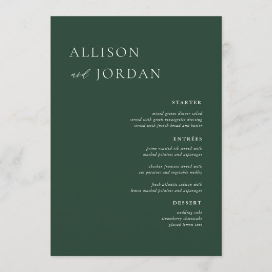 Emerald Green Simple Wedding Dinner Party Menus Menu (Voorkant)