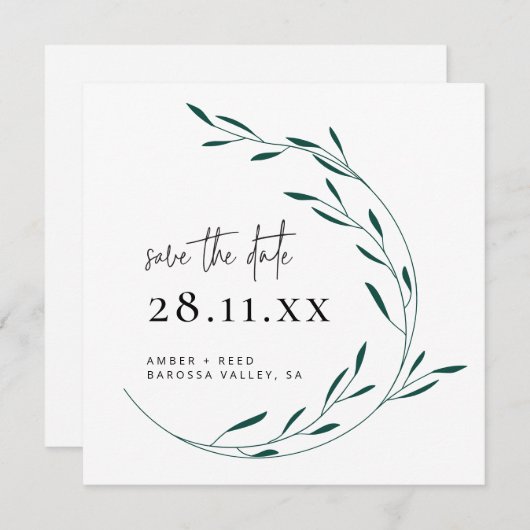 Emerald Green Simple Wreath Square Save the Date (Voorkant / Achterkant)