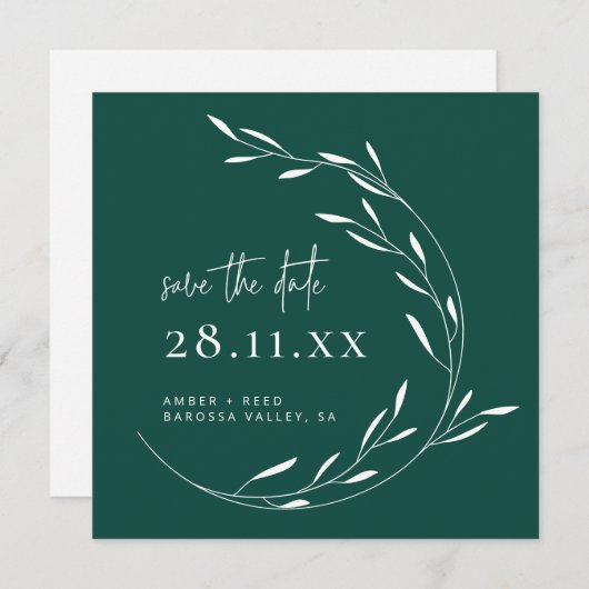 Emerald Green Simple Wreath Square Save the Date (Voorkant / Achterkant)
