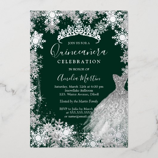 Emerald Green Snowflake Winter Quinceanera Folie Uitnodiging (Voorkant)
