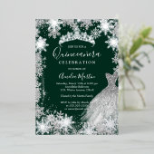 Emerald Green Snowflake Winter Quinceanera Folie Uitnodiging (Staand Voorkant)