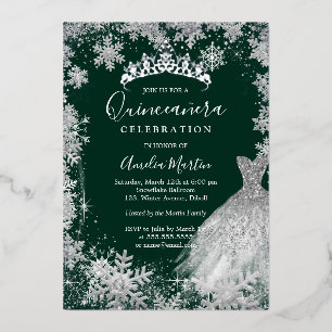 Emerald Green Snowflake Winter Quinceanera Folie Uitnodiging