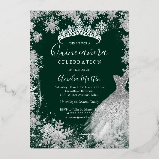 Emerald Green Snowflake Winter Quinceanera Folie Uitnodiging (Voorkant)