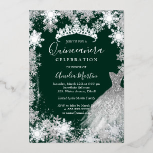 Emerald Green Snowflake Winter Quinceanera Folie Uitnodiging