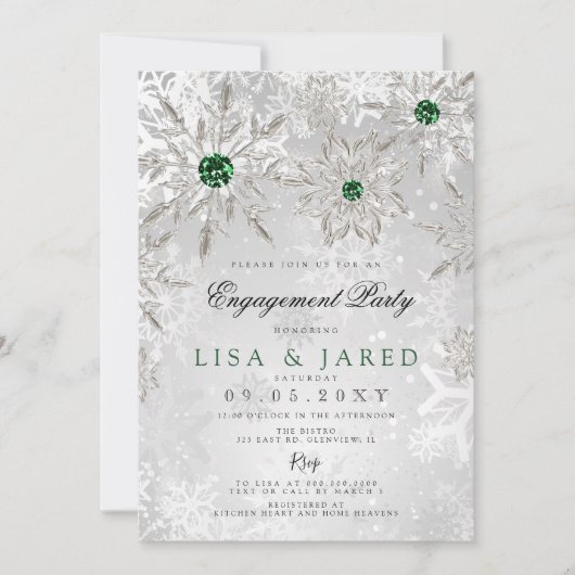 Emerald Green Snowflakes Winter Engagement Party Kaart (Voorkant)