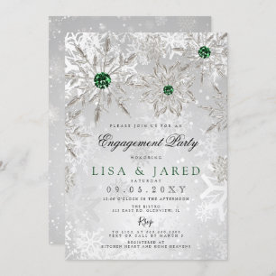 Emerald Green Snowflakes Winter Engagement Party Kaart