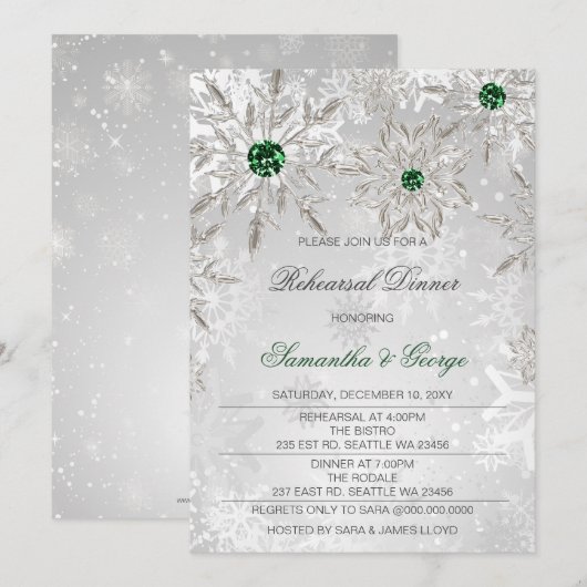 Emerald Green Snowflakes Winter Rehearsal Dinner Kaart (Voorkant / Achterkant)