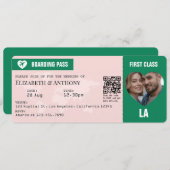 Emerald Green & Soft Blush Boarding Pass Wedding Kaart (Voorkant / Achterkant)