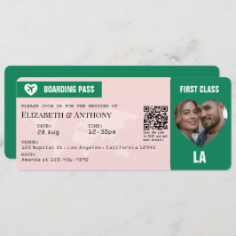Emerald Green & Soft Blush Boarding Pass Wedding Kaart