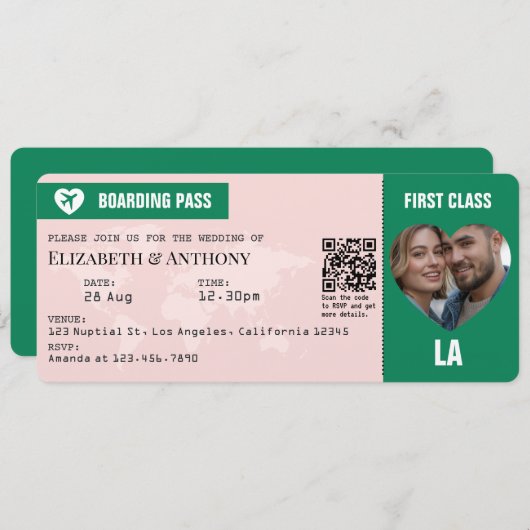 Emerald Green & Soft Blush Boarding Pass Wedding Kaart (Voorkant / Achterkant)