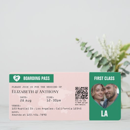 Emerald Green & Soft Blush Boarding Pass Wedding Kaart (Staand voorkant)
