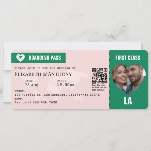 Emerald Green & Soft Blush Boarding Pass Wedding Kaart (Voorkant)