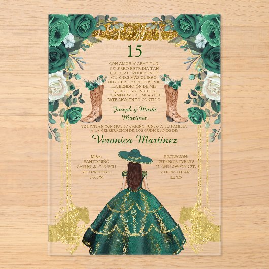 Emerald Green Spaanse Laarzen Goud 15 Años Verjaar Acryl Uitnodigingen (Voorkant)