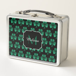 Emerald Green Sparkle Shamrock Black Monogram