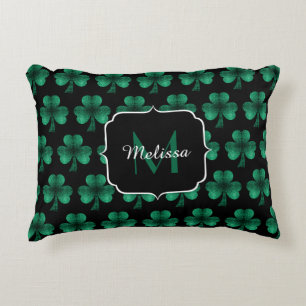 Emerald Green Sparkle Shamrock Black Monogram Accent Kussen