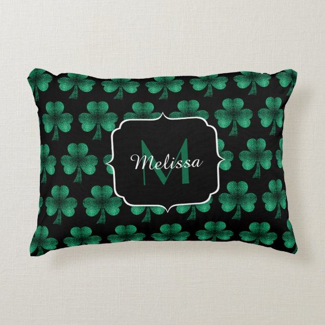 Emerald Green Sparkle Shamrock Black Monogram Accent Kussen (Voorkant)