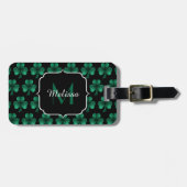 Emerald Green Sparkle Shamrock Black Monogram Bagagelabel (Voorkant horizontaal)
