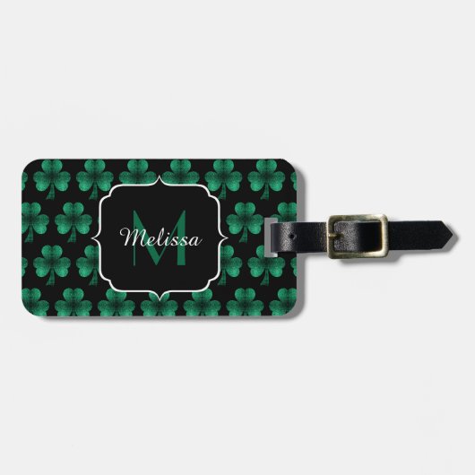 Emerald Green Sparkle Shamrock Black Monogram Bagagelabel (Voorkant horizontaal)