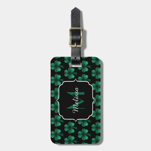 Emerald Green Sparkle Shamrock Black Monogram Bagagelabel (Voorkant verticaal)