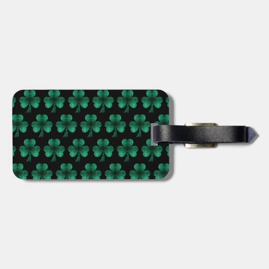 Emerald Green Sparkle Shamrock Black Monogram Bagagelabel (Achterkant horizontaal)