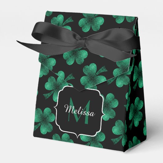 Emerald Green Sparkle Shamrock Black Monogram Bedankdoosjes (Voorkant Zijde)