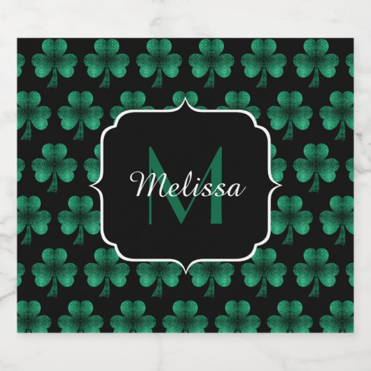 Emerald Green Sparkle Shamrock Black Monogram Bier Etiket (Enkel label)