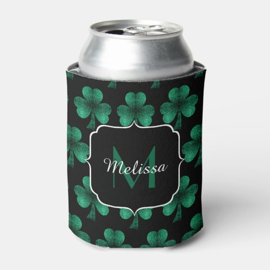 Emerald Green Sparkle Shamrock Black Monogram Blikjeskoeler (Blikje Voorkant)