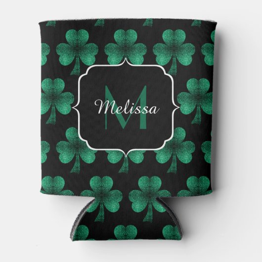 Emerald Green Sparkle Shamrock Black Monogram Blikjeskoeler (Voorkant)