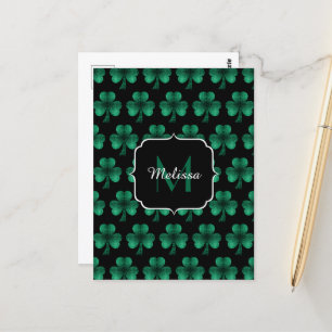 Emerald Green Sparkle Shamrock Black Monogram Briefkaart