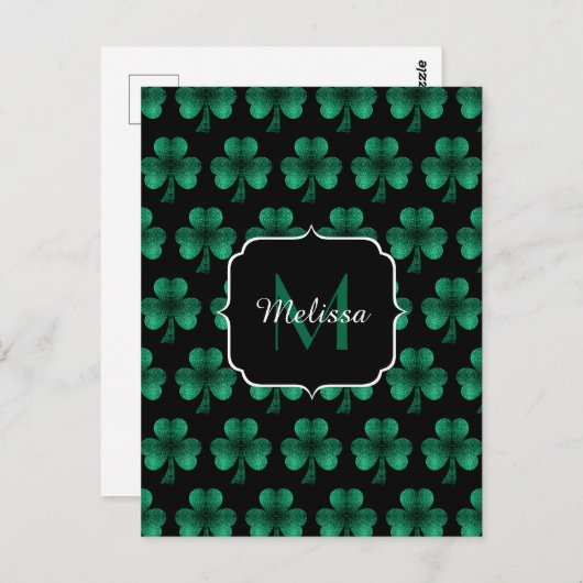 Emerald Green Sparkle Shamrock Black Monogram Briefkaart (Voorkant / Achterkant)