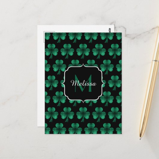 Emerald Green Sparkle Shamrock Black Monogram Briefkaart (Voorkant / Achterkant in situ)
