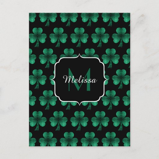 Emerald Green Sparkle Shamrock Black Monogram Briefkaart (Voorkant)
