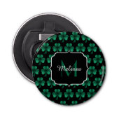 Emerald Green Sparkle Shamrock Black Monogram Button Flesopener (Voorkant)