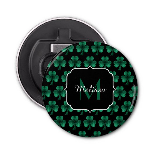 Emerald Green Sparkle Shamrock Black Monogram Button Flesopener (Voorkant)