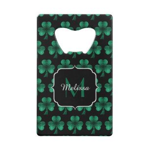 Emerald Green Sparkle Shamrock Black Monogram Creditkaart Flessenopener