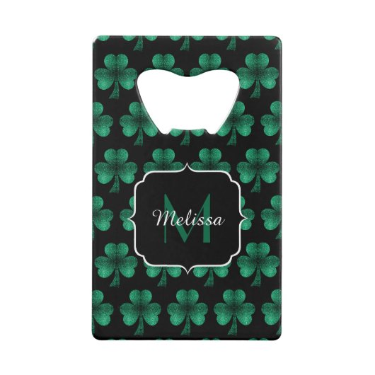 Emerald Green Sparkle Shamrock Black Monogram Creditkaart Flessenopener (Voorkant)