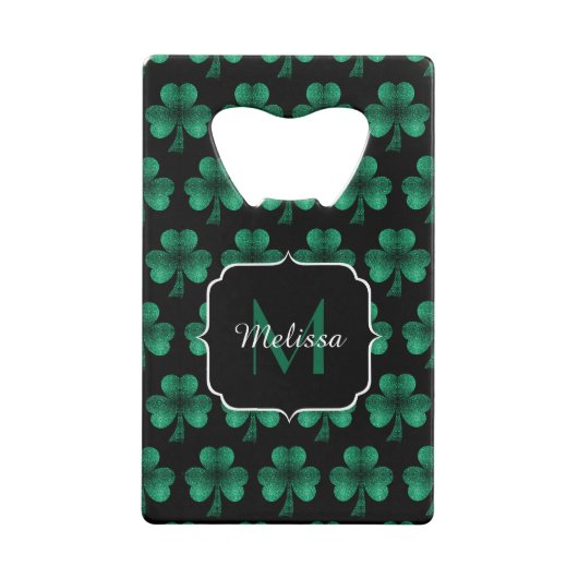 Emerald Green Sparkle Shamrock Black Monogram Creditkaart Flessenopener (Achterkant)