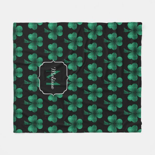 Emerald Green Sparkle Shamrock Black Monogram Fleece Deken (Voorkant (Horizontaal))