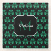 Emerald Green Sparkle Shamrock Black Monogram Glazen Onderzetter (Voorkant)