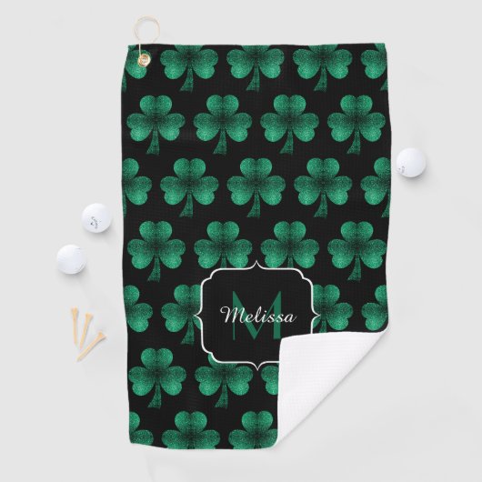 Emerald Green Sparkle Shamrock Black Monogram Golfhanddoek (Insitu)