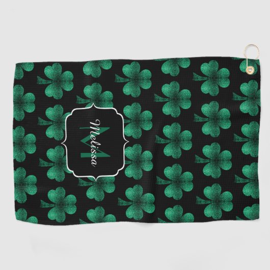 Emerald Green Sparkle Shamrock Black Monogram Golfhanddoek (Horizontaal)