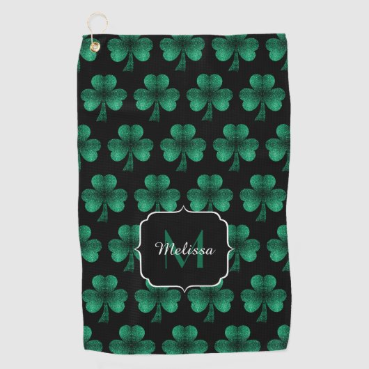 Emerald Green Sparkle Shamrock Black Monogram Golfhanddoek (Voorkant)