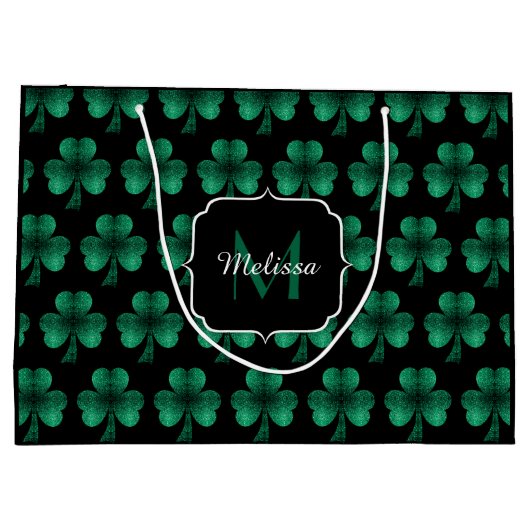 Emerald Green Sparkle Shamrock Black Monogram Groot Cadeauzakje (Achterkant)