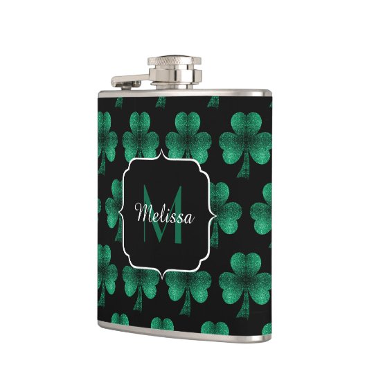 Emerald Green Sparkle Shamrock Black Monogram Heupfles (Links)
