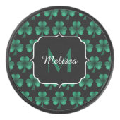 Emerald Green Sparkle Shamrock Black Monogram Hockey Puck (Voorkant)