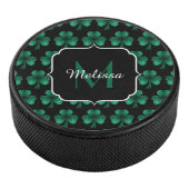 Emerald Green Sparkle Shamrock Black Monogram Hockey Puck (3/4)