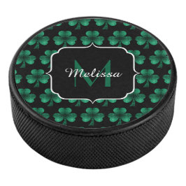 Emerald Green Sparkle Shamrock Black Monogram Hockey Puck