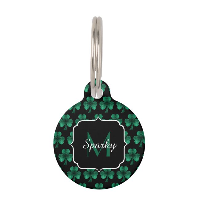 Emerald Green Sparkle Shamrock Black Monogram Huisdierpenning (Voorkant)