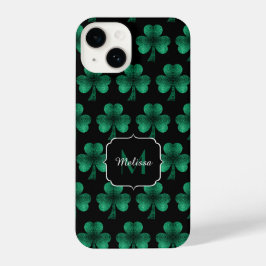 Emerald Green Sparkle Shamrock Black Monogram iPhone 14 Hoesje